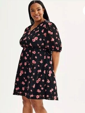 🐢NWT Draper James Black Midi Dress with Pink Floral Print